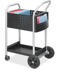 Rock Solid Black Steel Rolling Mail Cart With Locking Casters For Zero Hassle Office Storage Holds 75 Legal Folders Smooth Mobile File Organizer with colorful folders.