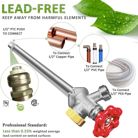 Frost Free Outdoor Faucet With Anti Siphon Backflow Preventer, Lead Free Brass Frost Proof Sillcock, 1/2 Inch Push To Fit Connector To 3/4 Inch Hose Bibb image showing lead-free construction and compatibility with copper, PVC, and PEX pipes.