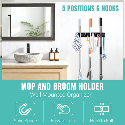 Wall Mounted Broom And Mop Organizer With Five Ball Slots And Six Hooks, Easy Install, displayed in a stylish bathroom setting.