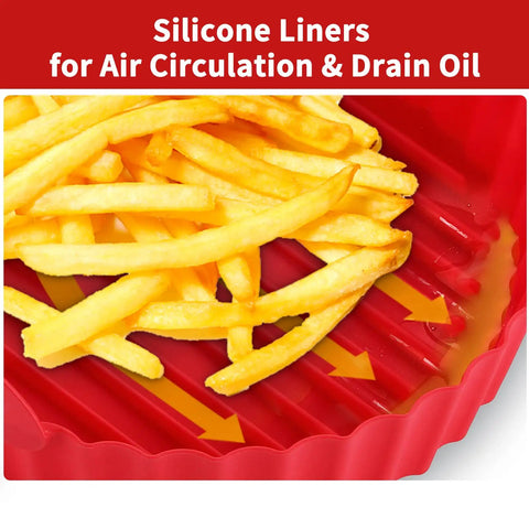 Close-up of red silicone liner with fries, Two Pack Air Fryer Silicone Liners 8.5 Inch Fits 5 To 8 Qt Reusable Basket Liner For Easy Clean