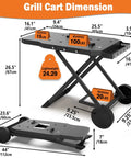Diagram of Foldable Grill Cart For Blackstone 17 And 22 Inch Tabletop Griddles And Weber Q Series Grills with dimensions and weight capacity.