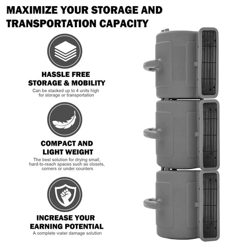Stacked view of 1/4 HP Air Mover with 1000 CFM two-speed carpet dryer and floor fan, durable grey rotomold housing