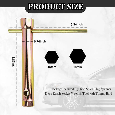 Dual End Spark Plug Socket 5/8 Inch and 16-18 mm T-Bar Wrench dimensions and features for cars and motorcycles