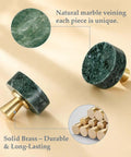 Green Marble Cabinet Knobs 4 Pack With Gold Metal Base showing unique marble veining and solid brass durability.