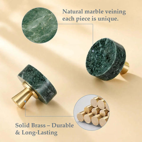 Green Marble Cabinet Knobs 4 Pack With Gold Metal Base showing unique marble veining and solid brass durability.