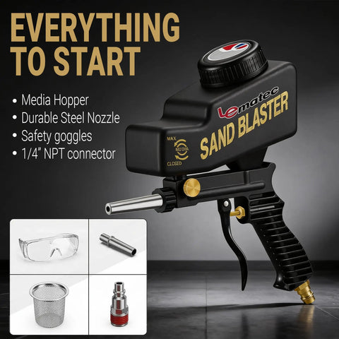 Portable Sand Blaster Gun Kit For Rust Removal Glass Etching And Paint Stripping With Gravity Feed Reservoir Precise Control Easy Setup And Compatibility With Four CFM At Ninety PSI Air Compressors including accessories like steel nozzle and safety goggles