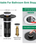 Universal Bathroom Sink Drain Strainer And Pop Up Stopper Hair Catcher displayed with dimensions, suitable for 1.1-1.45 inch drains.