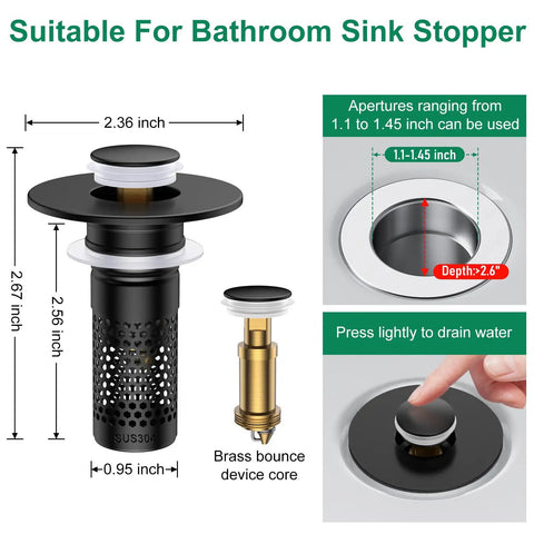Universal Bathroom Sink Drain Strainer And Pop Up Stopper Hair Catcher displayed with dimensions, suitable for 1.1-1.45 inch drains.