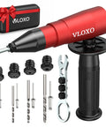 Top Shelf Rivet Gun Adapter Kit turns a cordless drill into a riveter, featuring a red grip handle and various sizing heads.