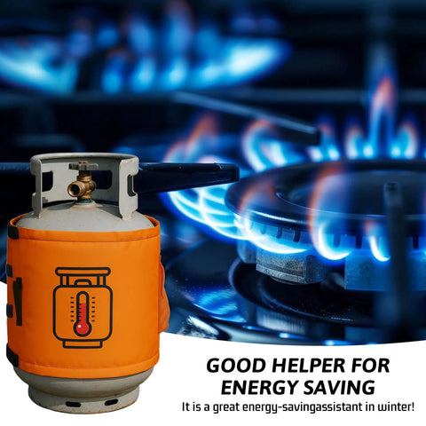 Propane Tank Warmer Blanket With Thermostat and Timer, Adjustable 41 To 122 F, Fits 5 To 40 LP Cylinders, next to lit stove.