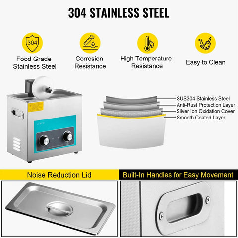 Dope Ultrasonic Vinyl Record Cleaner 6L 40kHz with stainless steel SUS304 features, noise reduction lid, and built-in handles.
