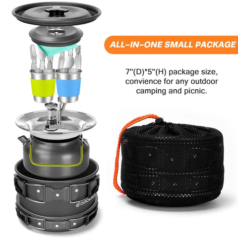 16-Piece Camping Cookware Set With Folding Stove Nonstick Lightweight Pots And Pans Kettle Cups Plates Forks Knives Spoons For Camping Backpacking Hiking Outdoor Picnics in compact package