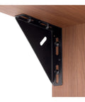 Heavy Duty 2 Pack Steel Angle Brackets With Triangular Corner Support For Wooden Shelving And Cabinet Fixtures mounted on a shelf.