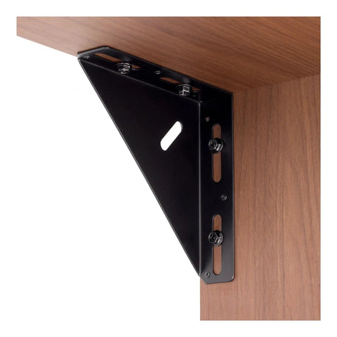 Heavy Duty 2 Pack Steel Angle Brackets With Triangular Corner Support For Wooden Shelving And Cabinet Fixtures mounted on a shelf.