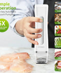 Person using Portable Vacuum Sealer For Food With Detachable And Visible Water Tank, Compact And Easy To Clean, Includes 30 Reusable Bags