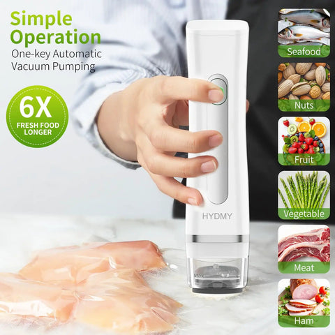 Person using Portable Vacuum Sealer For Food With Detachable And Visible Water Tank, Compact And Easy To Clean, Includes 30 Reusable Bags