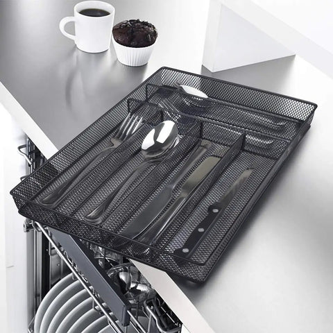 24 Piece Stainless Steel Silverware Set For 4 Dishwasher Safe Flatware Utensils With Knife Fork Spoon Steak Knife And Black Wire Mesh Storage Tray Included on countertop near dishwasher