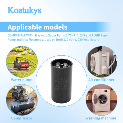 161-193 uF Round Motor Start Capacitor 110-125 VAC Dual Voltage 50/60 Hz CD60 for Hayward Super Pump And Max Flo Pumps