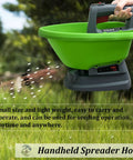 Green electric handheld spreader for seeds and fertilizer with Type C charging, large hopper, ergonomic handle, used in garden.