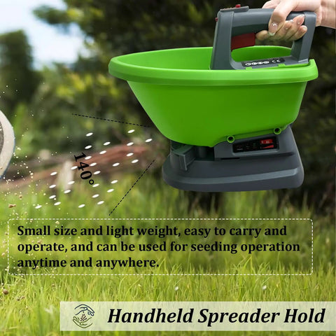 Green electric handheld spreader for seeds and fertilizer with Type C charging, large hopper, ergonomic handle, used in garden.