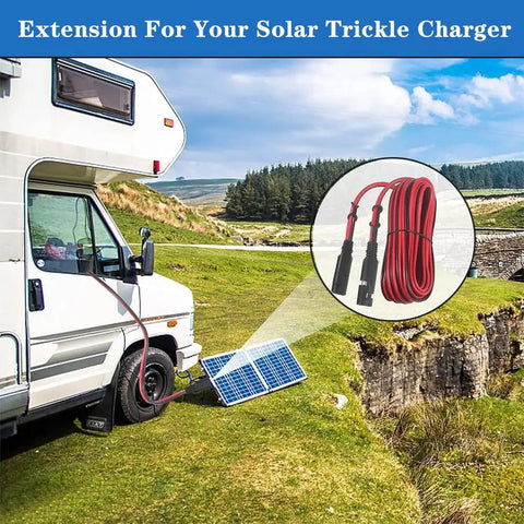 25Ft SAE Extension Cable Featuring Snappy Quick Plugs And Heavy Duty Dust Covers connected to a solar panel near RV.