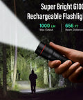 Person holding Rechargeable High Lumens Tactical Flashlight Two Pack G1000 Super Bright LED Light illuminating forest path