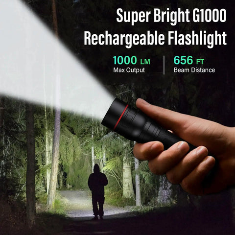 Person holding Rechargeable High Lumens Tactical Flashlight Two Pack G1000 Super Bright LED Light illuminating forest path