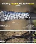 Close-up of Vinyl Coated Wire Rope One Sixteenth Inch To Three Thirty Second Inch 100 Feet 304 Stainless Steel Cable With 30 Crimping Sleeves, showing 7x7 strand construction and measurement details.