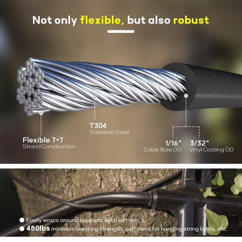 Close-up of Vinyl Coated Wire Rope One Sixteenth Inch To Three Thirty Second Inch 100 Feet 304 Stainless Steel Cable With 30 Crimping Sleeves, showing 7x7 strand construction and measurement details.