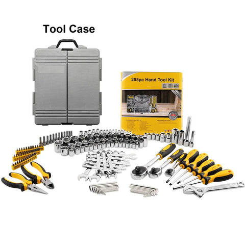 205 Piece Mechanics Tool Set With Sockets Wrenches Hex Keys Pliers And Screwdriver Bits in display with case