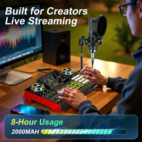 Person using all-in-one podcast and streaming studio bundle with audio mixer and 3.5mm condenser microphone, noise reduction.