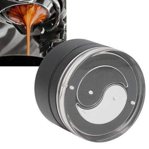 Heavy Duty 58 Millimeter Espresso Distribution Tool With Smooth Bearing Rotation Stainless Steel Needle Coffee Leveler and Pro Tamper for Tight Grounds. Close-up view of the tool's top, showcasing design and material.