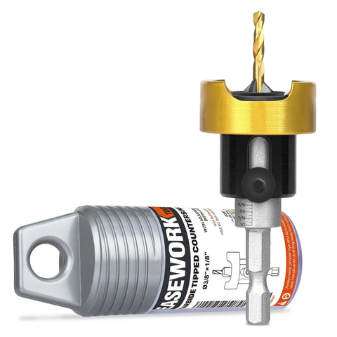 Rock Solid Carbide Tipped Countersink Drill Bit With 1/8 Inch Point And 3/8 Inch Chamfer Angle featuring gold coated M2 steel core and hex shank.