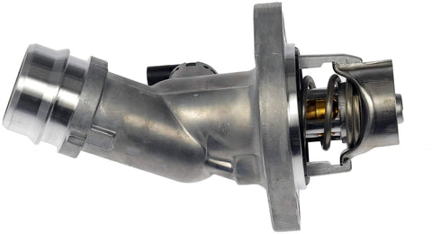 Heavy Duty Engine Coolant Thermostat Housing Assembly Direct Replacement Water Outlet angled view showcasing metal construction and design.