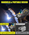Person using a Compact 110V MIG Welder With 100A Flux Core, Portable Handheld Wire Feed Inverter, Gasless Welding Machine For DIY Projects.