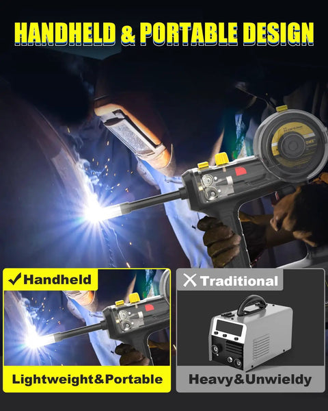 Person using a Compact 110V MIG Welder With 100A Flux Core, Portable Handheld Wire Feed Inverter, Gasless Welding Machine For DIY Projects.
