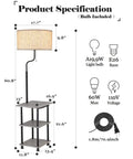 Solid Wood Floor Lamp With USB Type C Port And Outlet, End Table With Shelf, Reading Light With Drum Shade In Grey, FSC Certified, Perfect For Bedroom, Living Room, Office, Farmhouse Vibe, LED Bulb Included, showing dimensions and bulb details.