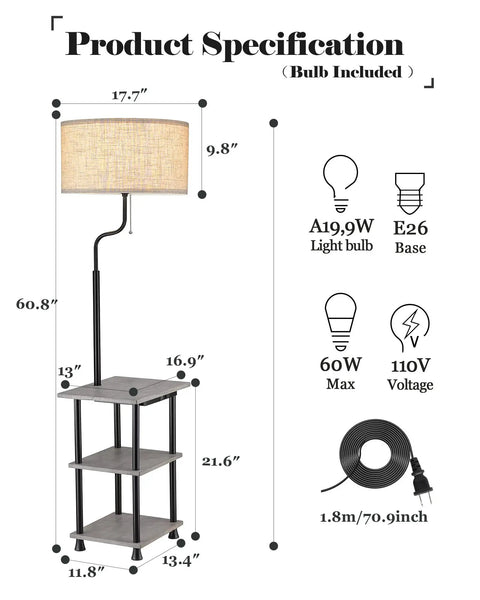 Solid Wood Floor Lamp With USB Type C Port And Outlet, End Table With Shelf, Reading Light With Drum Shade In Grey, FSC Certified, Perfect For Bedroom, Living Room, Office, Farmhouse Vibe, LED Bulb Included, showing dimensions and bulb details.