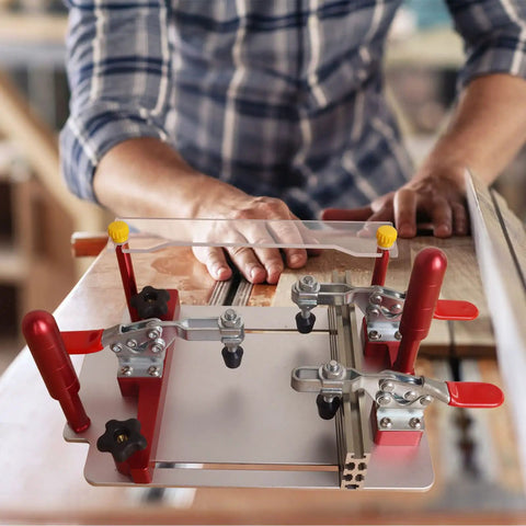 Coping Sled for Router Table With Clear Acrylic Fence in use for precise joints on cabinet doors by a woodworker.