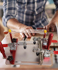 Router Table Coping Sled With Adjustable Rail Guide For Precise Joints And Clean Cuts, carpenter using tool, close view