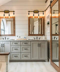 Farmhouse 4 Light Vanity Light Over Mirror For Bathroom With Wood Look Back Plate And Metal Accents Retro Vibe Bath Bar