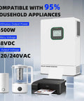 6500W All In One Solar Hybrid Inverter With WiFi And CT Sensor Pure Sine Wave Built In 2 MPPT Solar Charge Controller 48V To 120V And 240V Output Parallel Ready For Home And RV Use Plug And Play No Downtime displayed with compatible appliances.