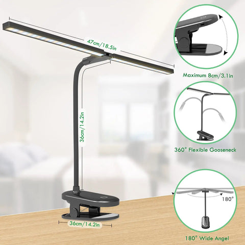 Two Head LED Reading Light With Clip, USB Rechargeable Desk Lamp, 48 LEDs, 2600mAh Battery, showing dimensions and features.