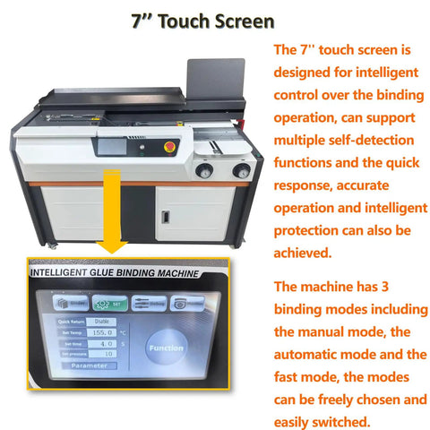 Auto Book Binding Machine A4 With 7 Inch Touch Screen Side Glued Binder showing control interface and features.