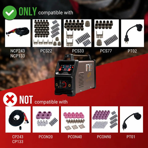 Compatibility chart for 55A Pilot Arc Plasma Cutter With Rust Removal Mode And Non-Touch Torch Ignition