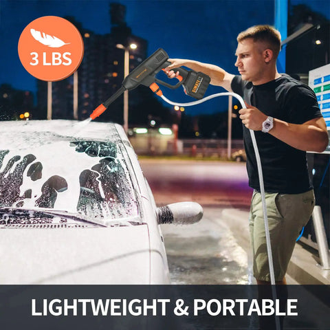 Man using Cordless Pressure Washer 940 PSI Portable Heavy Duty Power Cleaner with 21V battery on car at night