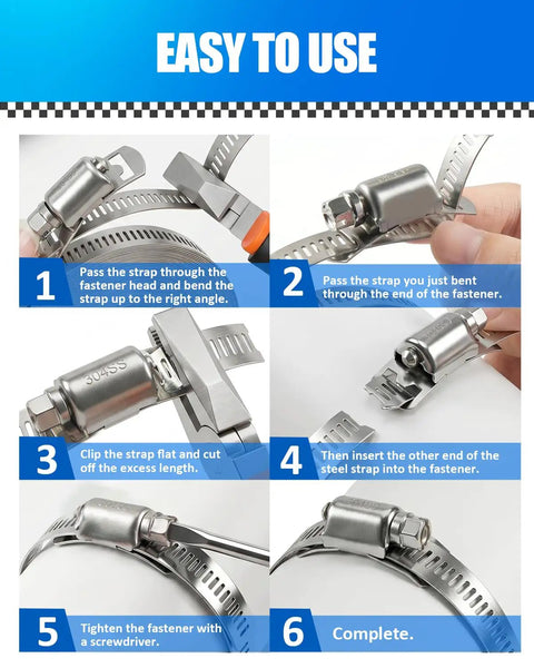 Assembly steps for Cut To Fit Stainless Steel Hose Clamp Kit That Is DIY Friendly With A 32.81 Foot Roll Of 304 Band.