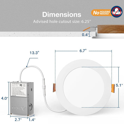 Ultra Thin 6 Inch LED Recessed Ceiling Light 1050 Lumens 12W 5CCT Dimmable Downlight With Junction Box Canless Wafer IC Rated