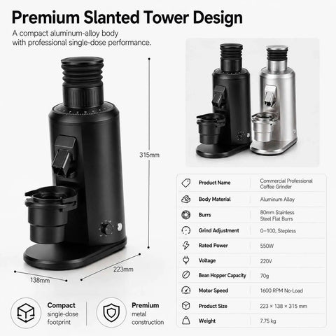 Level Up Your Daily Pour Over Routine With This Heavy Duty 80 Millimeter Flat Burr Coffee Grinder Packing A Zippy 550 Watt Brushless Motor And Precision Stepless Controls For Bangin Espresso Shots All Day - compact aluminum alloy coffee grinder in black and silver design.