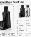 Single Dose Espresso Coffee Grinder With Magnetic Chute 80 Mm Flat Burrs Brushless Motor Stepless Dial In Control in black and silver.